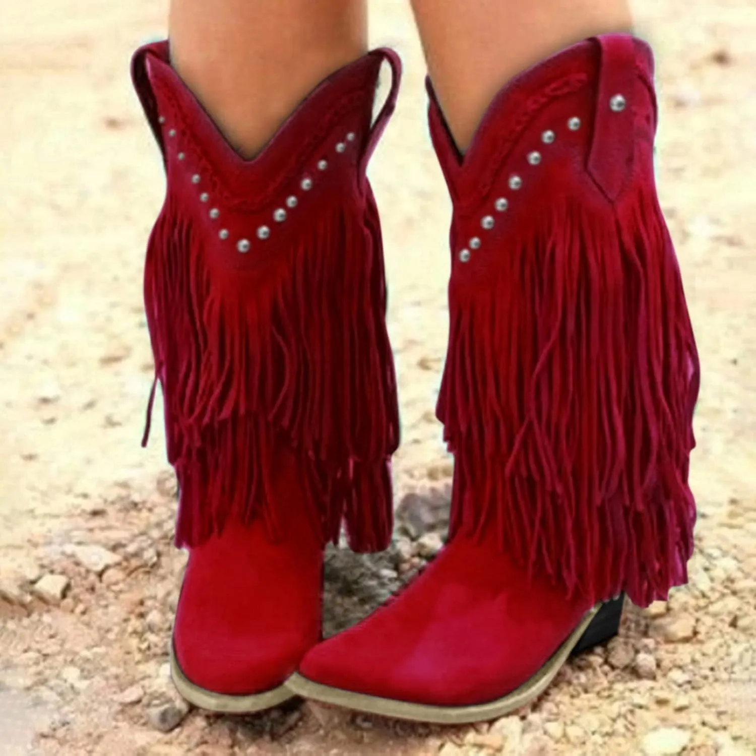 Women's Fringe Western Boots Wide Calf Riding Cowgirl Cowboy Boots with Rivets Tassel Western Booties Low Heel Fringe Boots Cowgirl Boots Pointy Toe Winter Boots Pull On Knight Boots