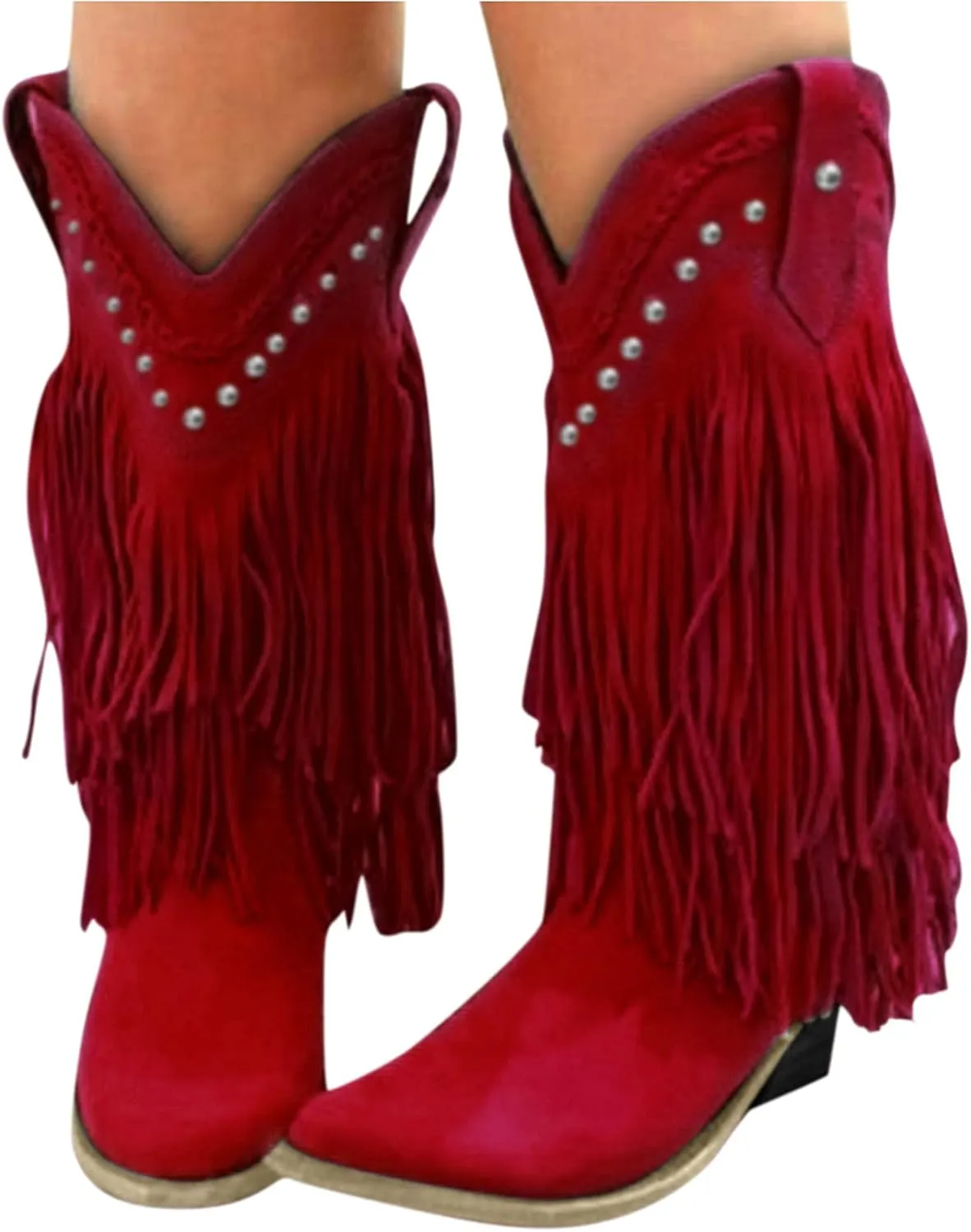 Women's Fringe Western Boots Wide Calf Riding Cowgirl Cowboy Boots with Rivets Tassel Western Booties Low Heel Fringe Boots Cowgirl Boots Pointy Toe Winter Boots Pull On Knight Boots