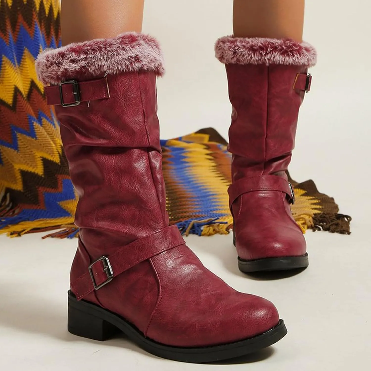 Womens Furry Boots Mid Calf Boots Non Slip Snow Boots Warm Winter Boots Fur Lined Western Boots Cowboy Ankle Booties