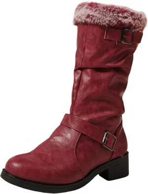Womens Furry Boots Mid Calf Boots Non Slip Snow Boots Warm Winter Boots Fur Lined Western Boots Cowboy Ankle Booties