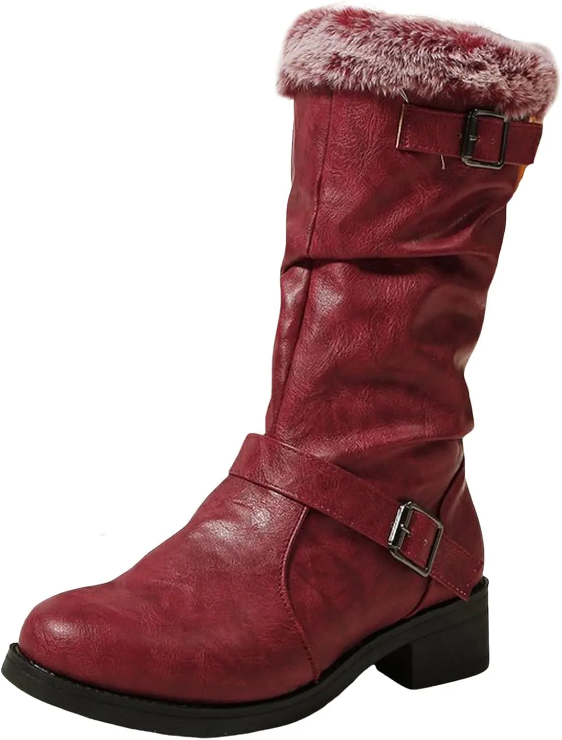 Womens Furry Boots Mid Calf Boots Non Slip Snow Boots Warm Winter Boots Fur Lined Western Boots Cowboy Ankle Booties