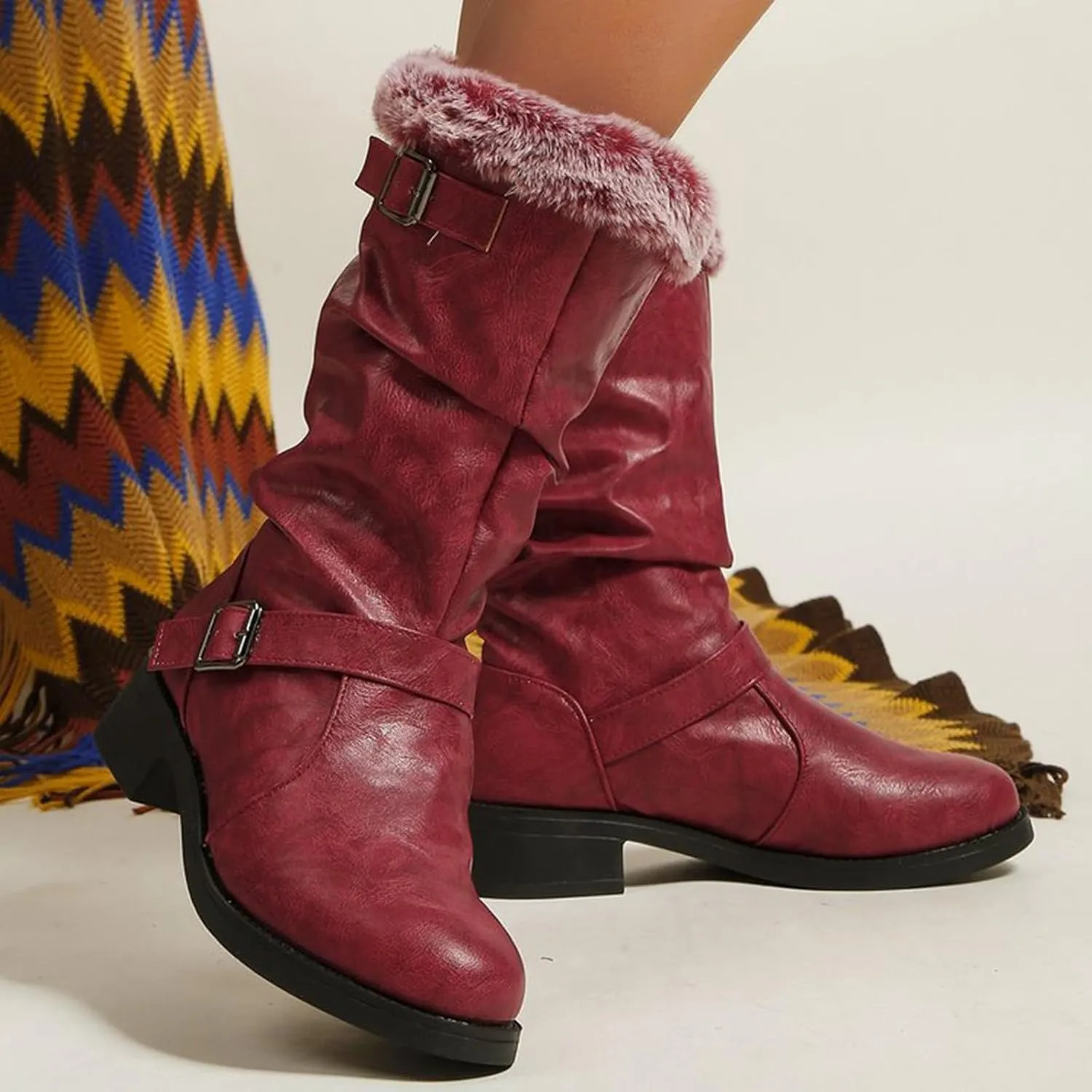 Womens Furry Boots Mid Calf Boots Non Slip Snow Boots Warm Winter Boots Fur Lined Western Boots Cowboy Ankle Booties