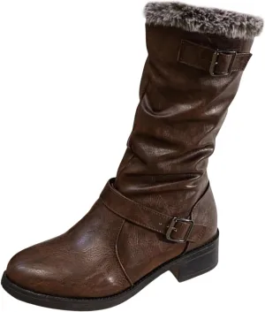 Womens Furry Boots Mid Calf Boots Non Slip Snow Boots Warm Winter Boots Fur Lined Western Boots Cowboy Ankle Booties