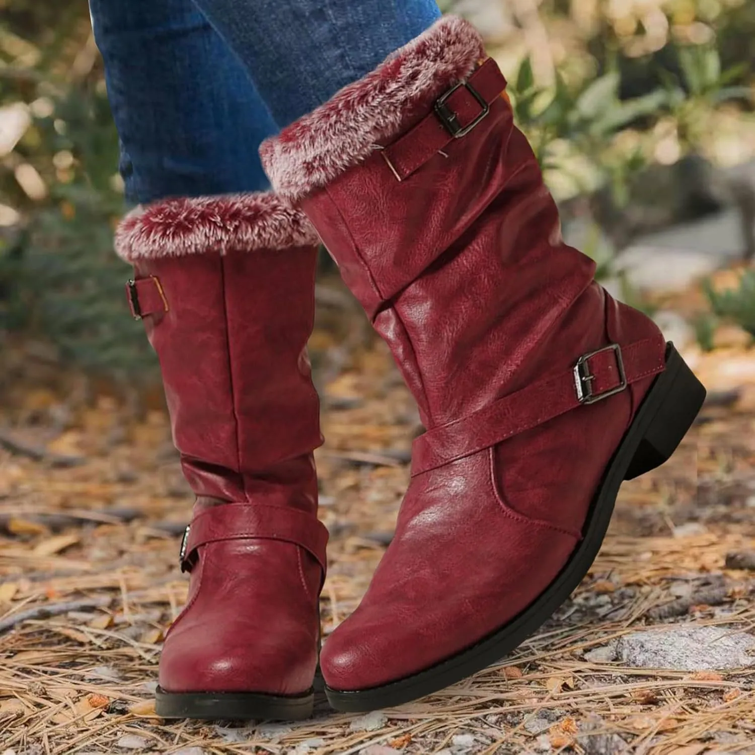 Womens Furry Boots Mid Calf Boots Non Slip Snow Boots Warm Winter Boots Fur Lined Western Boots Cowboy Ankle Booties