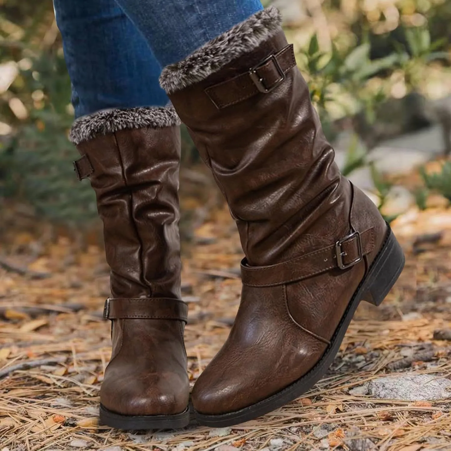 Womens Furry Boots Mid Calf Boots Non Slip Snow Boots Warm Winter Boots Fur Lined Western Boots Cowboy Ankle Booties