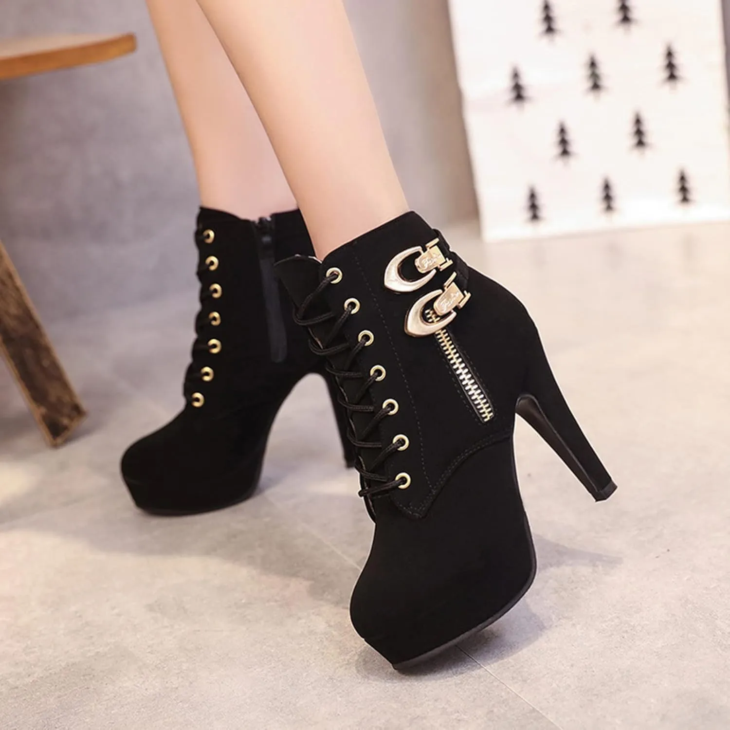 Women's High Heel Boots Platform Ankle Bootie Sexy Round Toe Lace UP High Heels Mid Calf Boots Evening Party Dress Boots