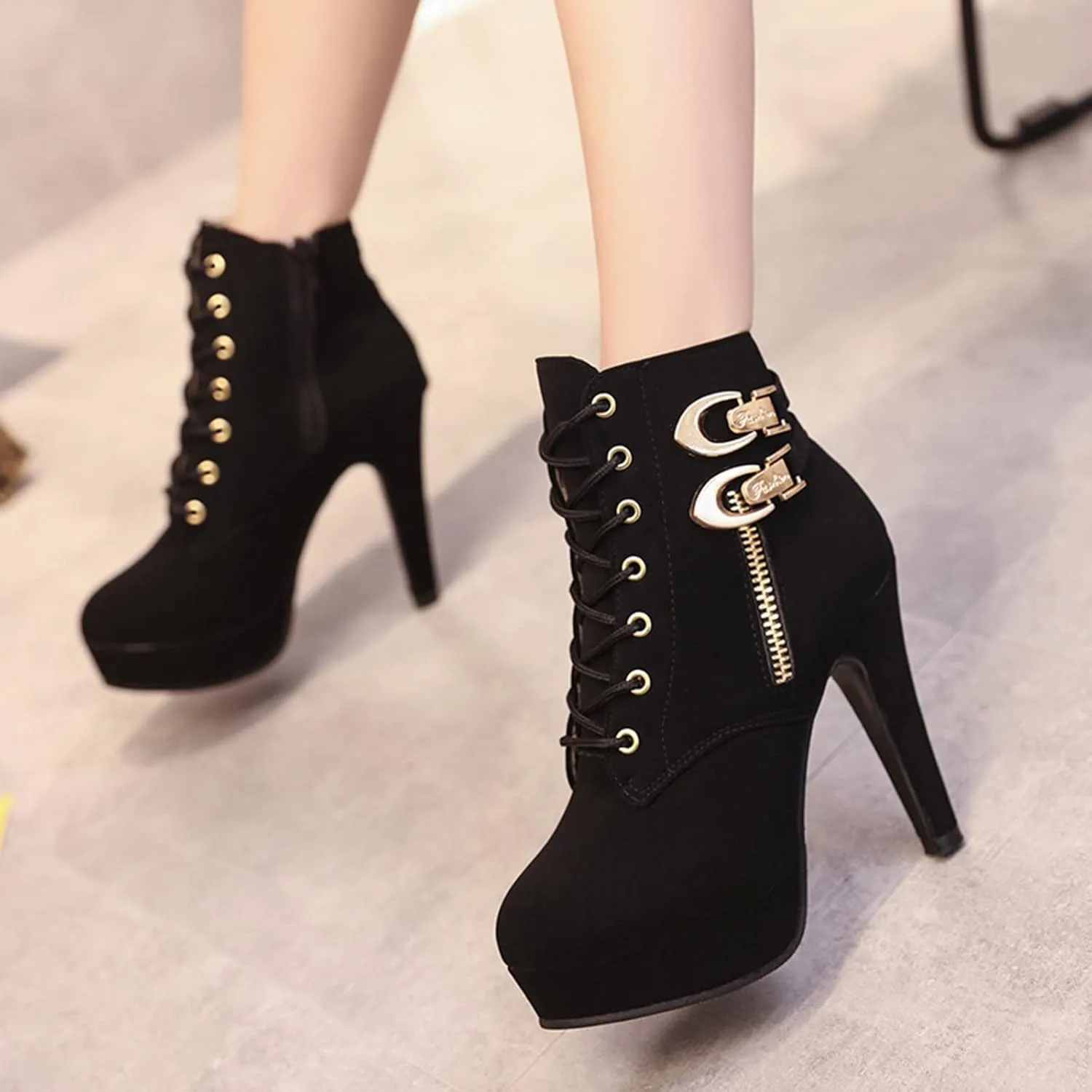 Women's High Heel Boots Platform Ankle Bootie Sexy Round Toe Lace UP High Heels Mid Calf Boots Evening Party Dress Boots