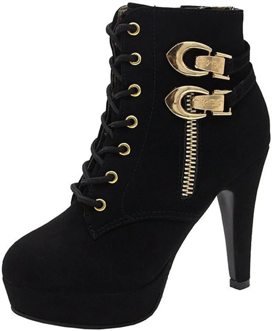 Women's High Heel Boots Platform Ankle Bootie Sexy Round Toe Lace UP High Heels Mid Calf Boots Evening Party Dress Boots
