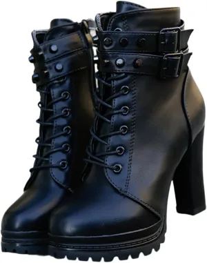 Women's High Heels Combat Boots Metal Buckle Lace Up Chunky Pump Ankle Booties With Side Zip Platform Wedge Dress Boots