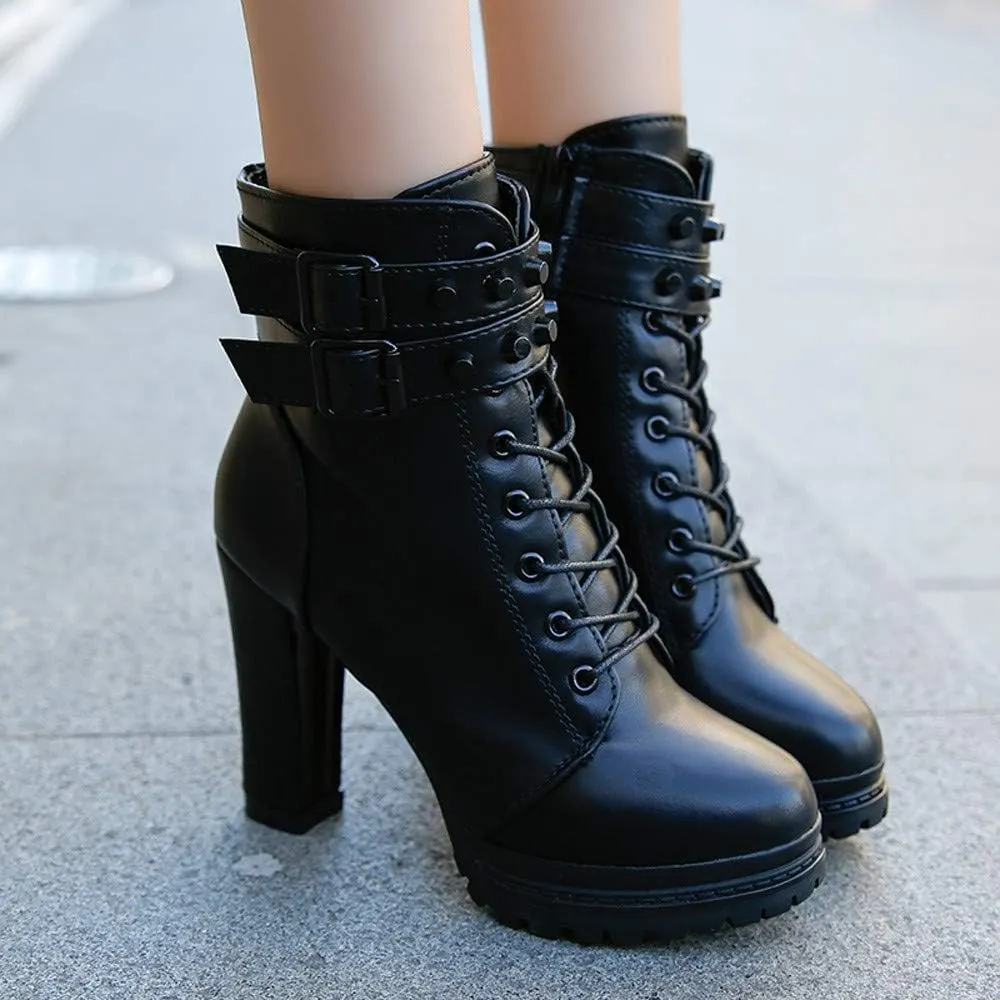 Women's High Heels Combat Boots Metal Buckle Lace Up Chunky Pump Ankle Booties With Side Zip Platform Wedge Dress Boots