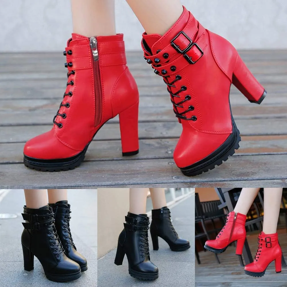 Women's High Heels Combat Boots Metal Buckle Lace Up Chunky Pump Ankle Booties With Side Zip Platform Wedge Dress Boots