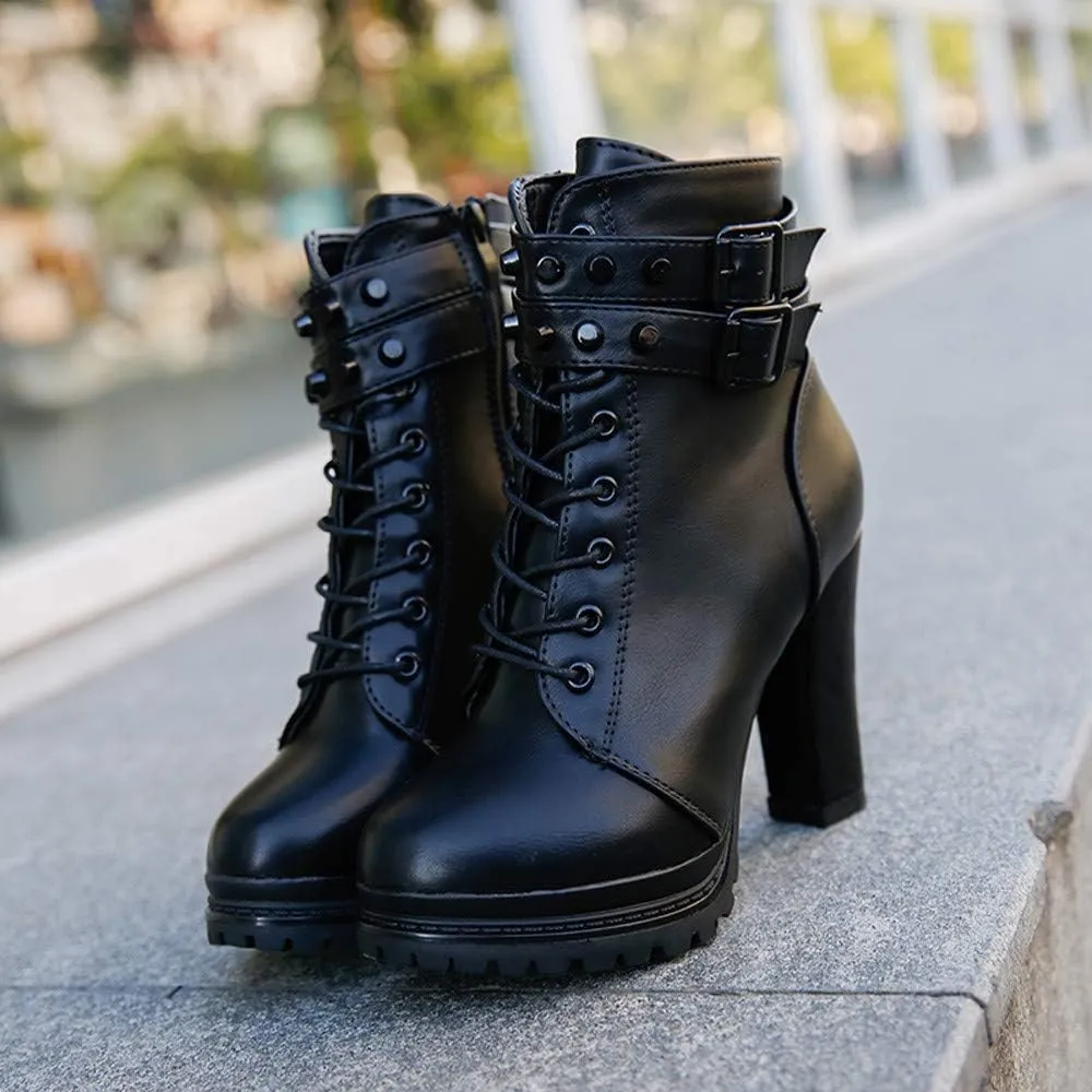 Women's High Heels Combat Boots Metal Buckle Lace Up Chunky Pump Ankle Booties With Side Zip Platform Wedge Dress Boots