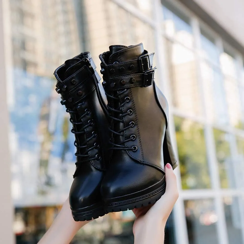 Women's High Heels Combat Boots Metal Buckle Lace Up Chunky Pump Ankle Booties With Side Zip Platform Wedge Dress Boots