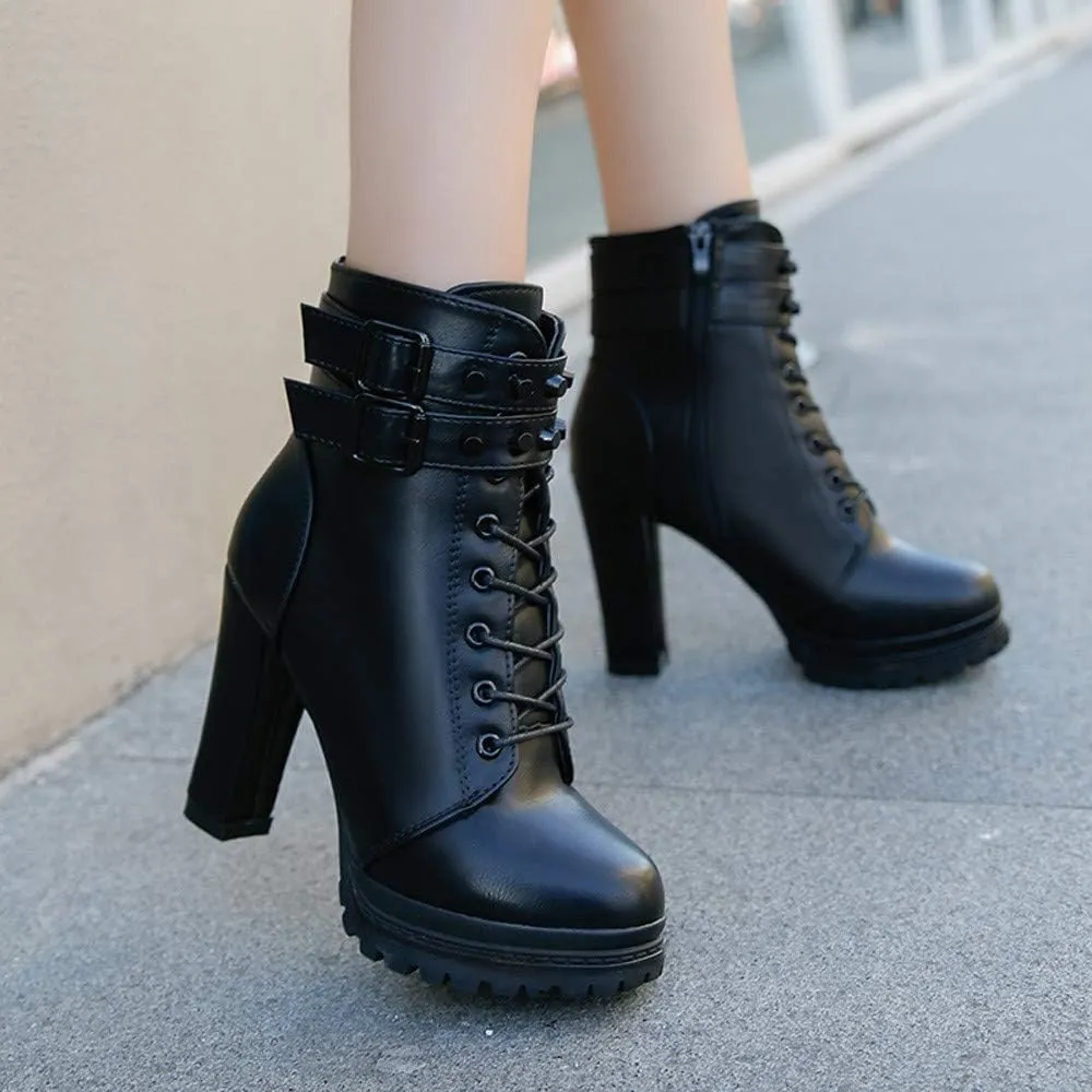 Women's High Heels Combat Boots Metal Buckle Lace Up Chunky Pump Ankle Booties With Side Zip Platform Wedge Dress Boots