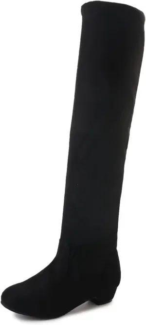 Women's Knee High Boots Casual Flat Pull On Boots Thigh High Block Heel Boots Round Toe Fall Weather Winter Boots