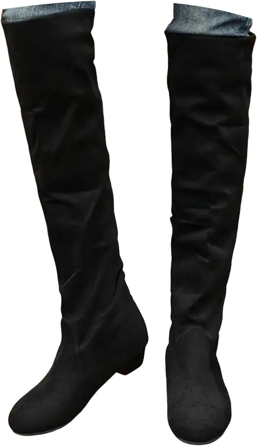 Women's Knee High Boots Casual Flat Pull On Boots Thigh High Block Heel Boots Round Toe Fall Weather Winter Boots