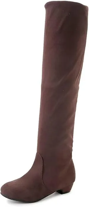 Women's Knee High Boots Casual Flat Pull On Boots Thigh High Block Heel Boots Round Toe Fall Weather Winter Boots