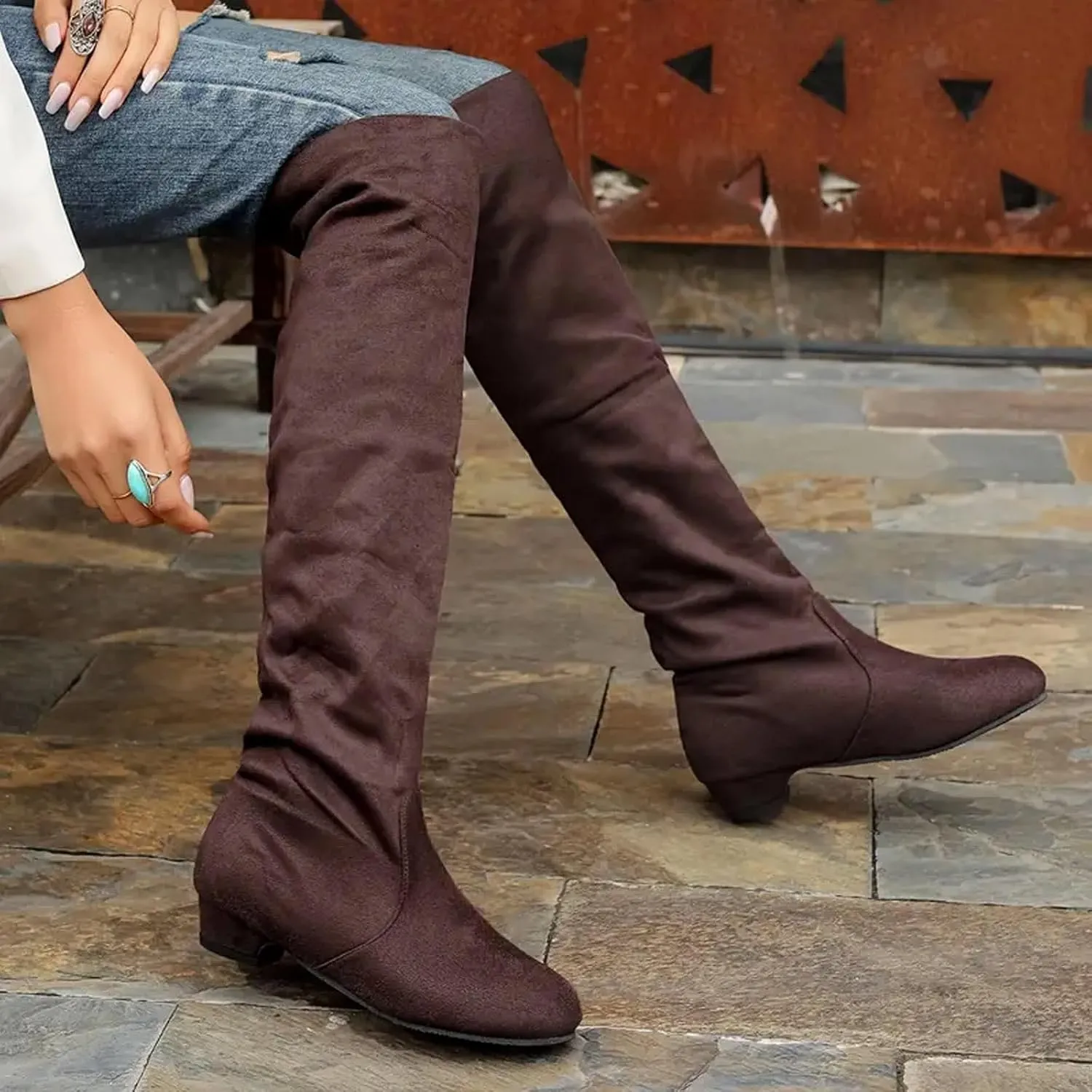 Women's Knee High Boots Casual Flat Pull On Boots Thigh High Block Heel Boots Round Toe Fall Weather Winter Boots