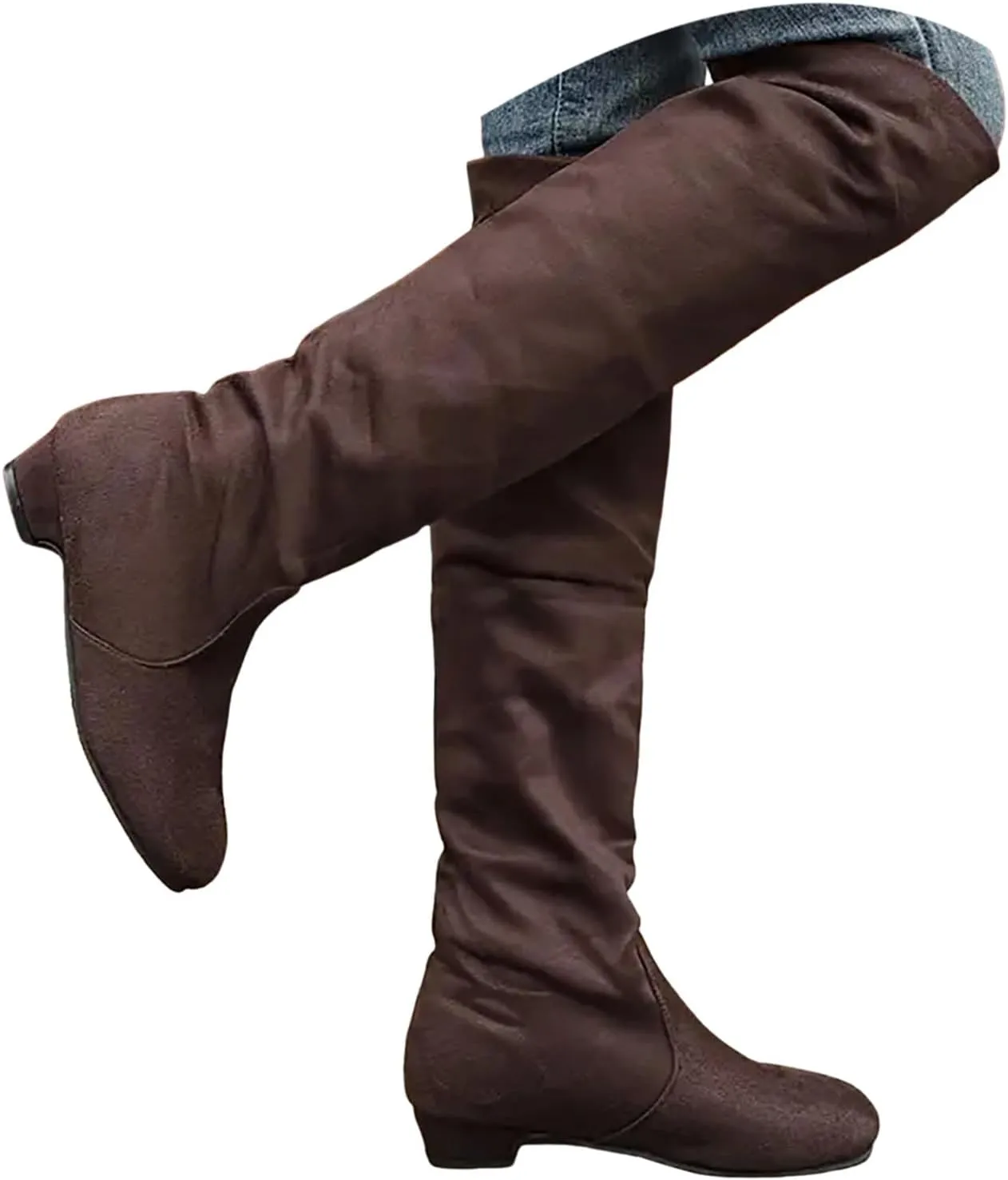 Women's Knee High Boots Casual Flat Pull On Boots Thigh High Block Heel Boots Round Toe Fall Weather Winter Boots