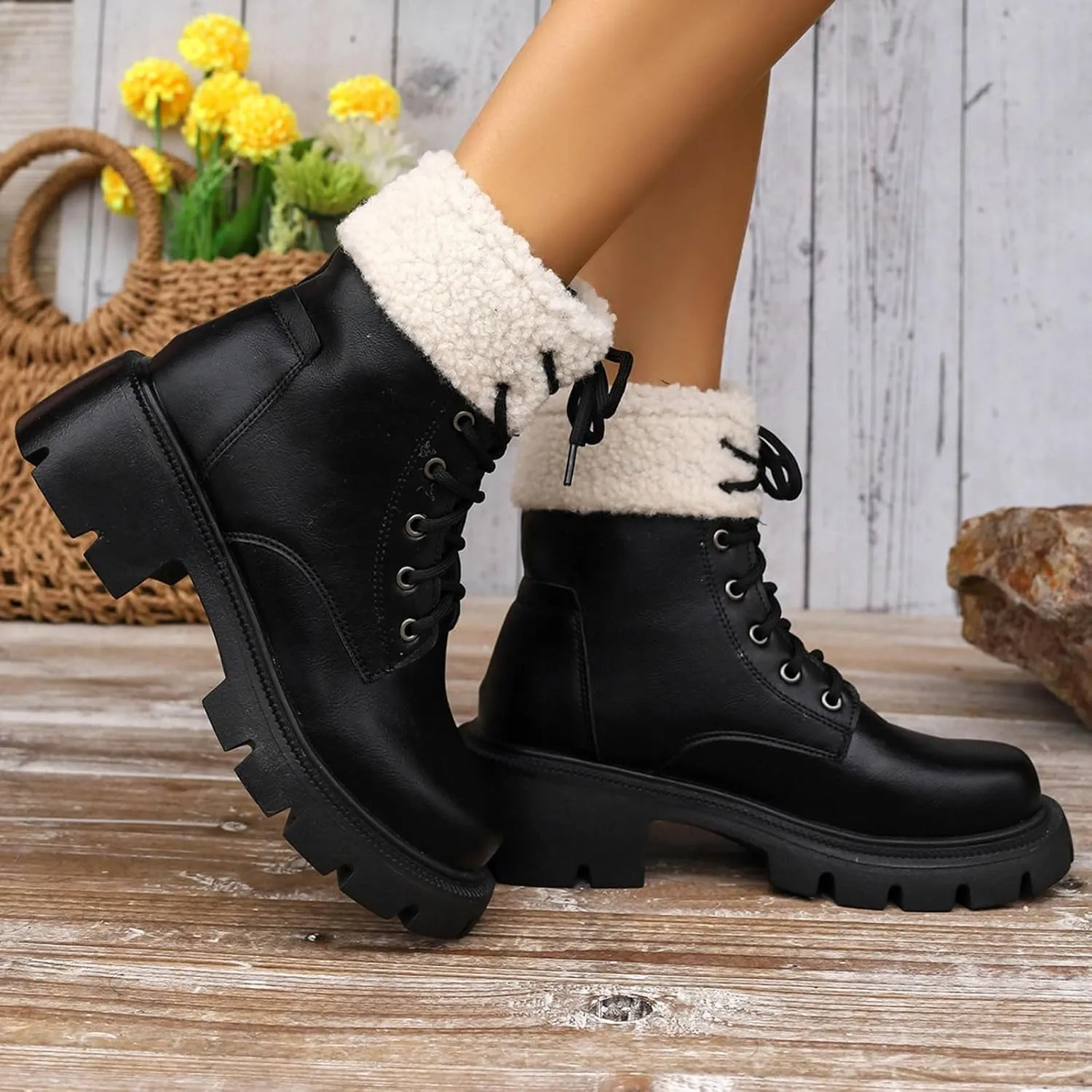 Women's Lace Up Combat Boots Low Heel Ankle Booties Womens Winter Snow Boots Warm Fur Lined Water-resistan Ankle Boots Chunky Block Heel Anti-Slip Leather Boots Platform Lug Sole Chelsea Boots