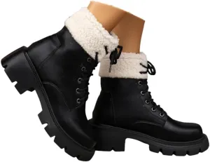 Women's Lace Up Combat Boots Low Heel Ankle Booties Womens Winter Snow Boots Warm Fur Lined Water-resistan Ankle Boots Chunky Block Heel Anti-Slip Leather Boots Platform Lug Sole Chelsea Boots