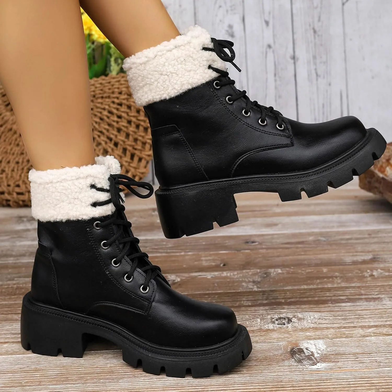 Women's Lace Up Combat Boots Low Heel Ankle Booties Womens Winter Snow Boots Warm Fur Lined Water-resistan Ankle Boots Chunky Block Heel Anti-Slip Leather Boots Platform Lug Sole Chelsea Boots