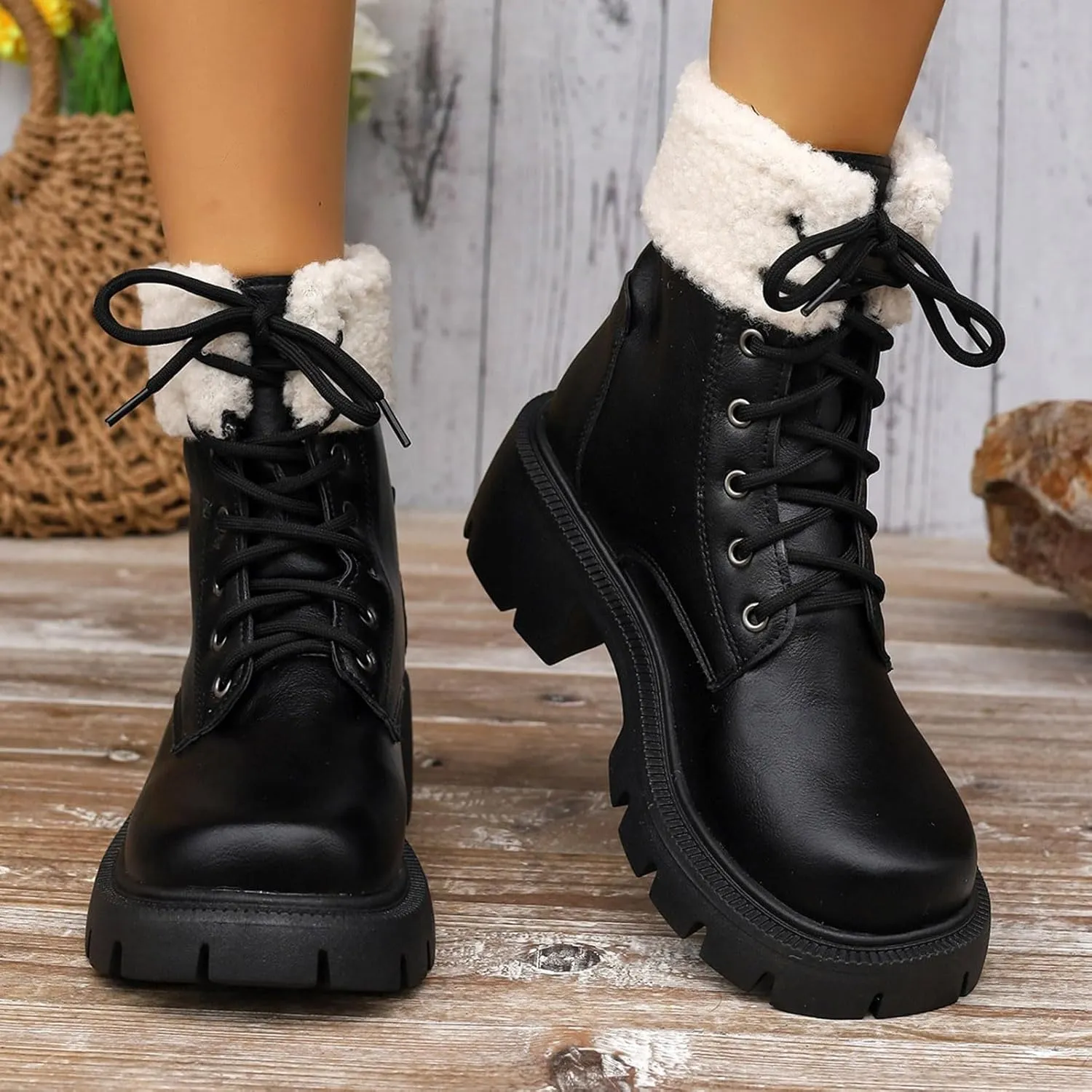 Women's Lace Up Combat Boots Low Heel Ankle Booties Womens Winter Snow Boots Warm Fur Lined Water-resistan Ankle Boots Chunky Block Heel Anti-Slip Leather Boots Platform Lug Sole Chelsea Boots