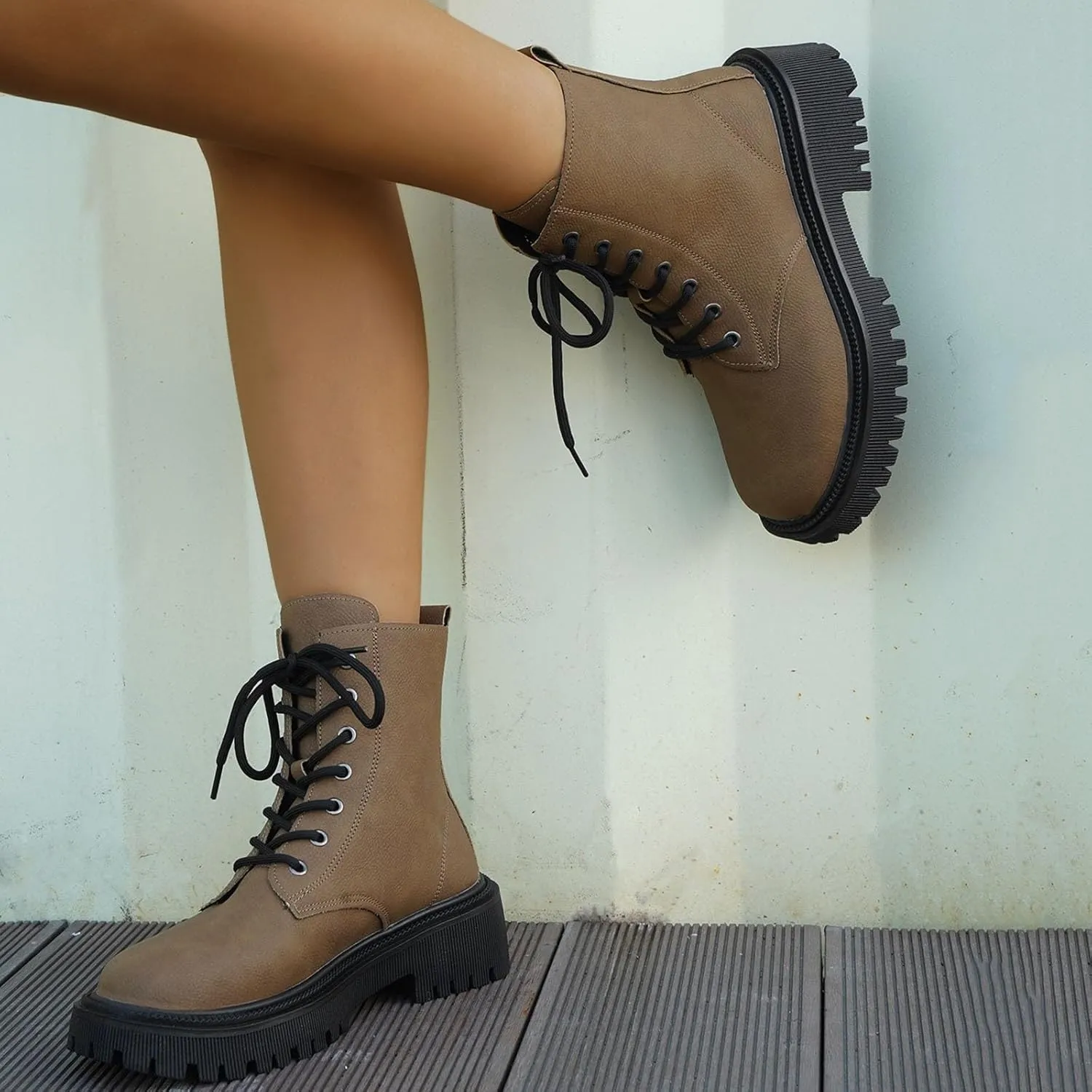 Women's Lace-Up Combat Boot,Women's Fashion Ankle Booties Combat Ankle Boots Round Toe Comfortable Low Heel Dress Booties Lug Sole Platform Booties Slip on Chunky Block Heel Leather Boots