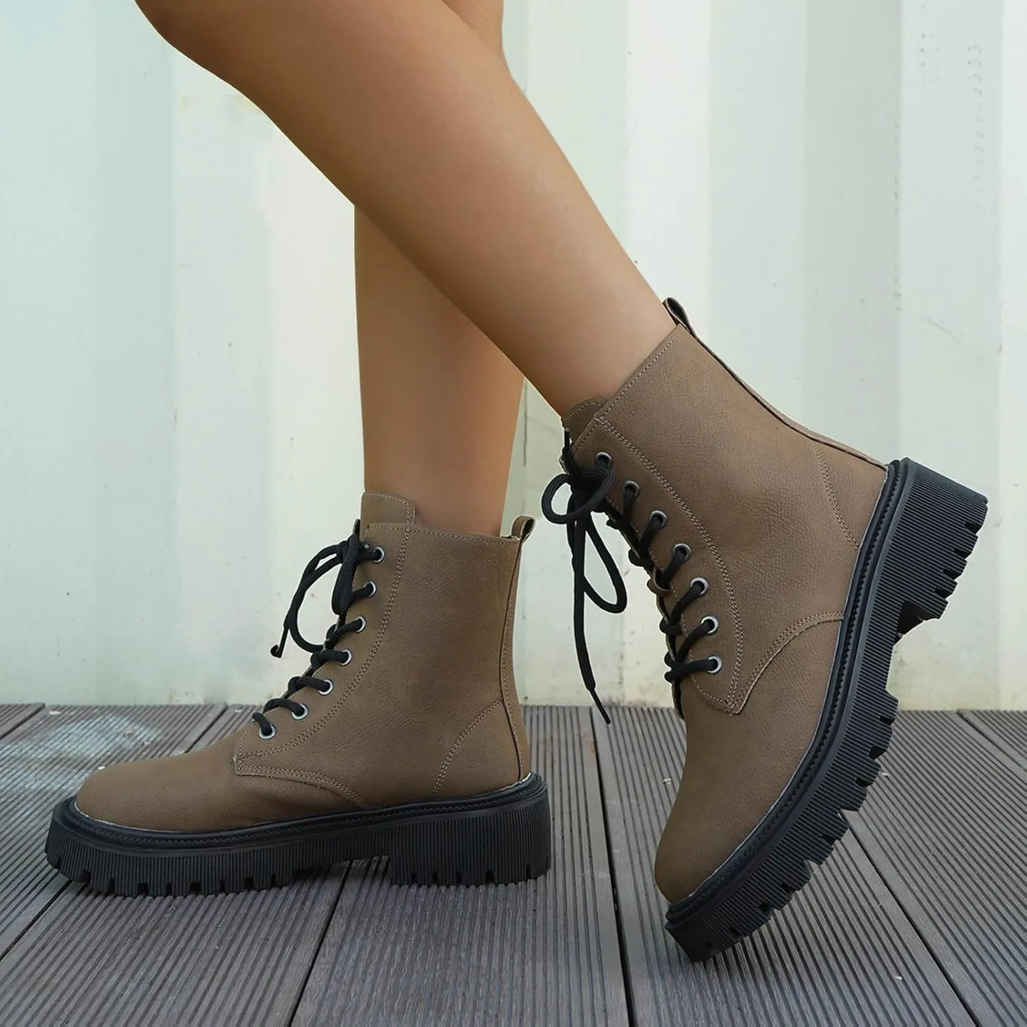 Women's Lace-Up Combat Boot,Women's Fashion Ankle Booties Combat Ankle Boots Round Toe Comfortable Low Heel Dress Booties Lug Sole Platform Booties Slip on Chunky Block Heel Leather Boots
