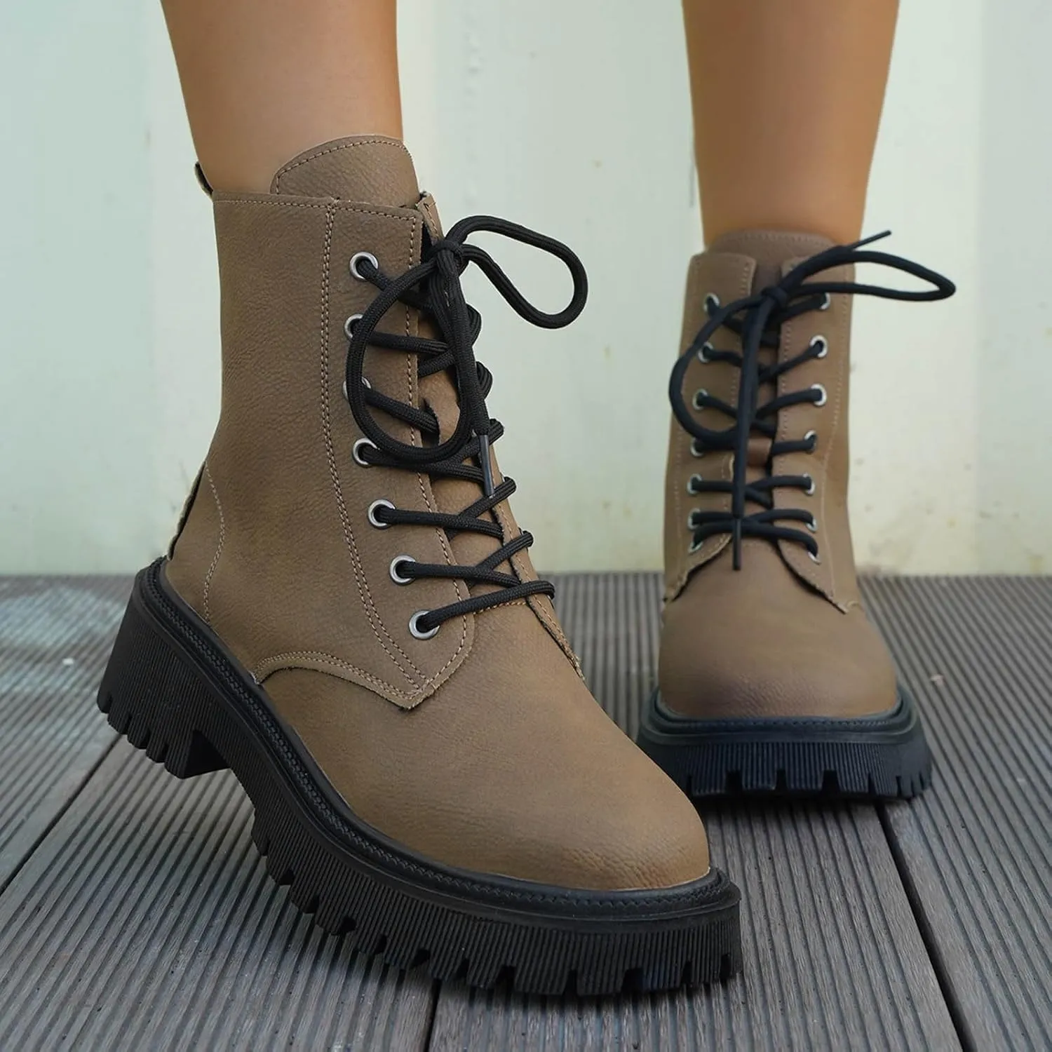 Women's Lace-Up Combat Boot,Women's Fashion Ankle Booties Combat Ankle Boots Round Toe Comfortable Low Heel Dress Booties Lug Sole Platform Booties Slip on Chunky Block Heel Leather Boots