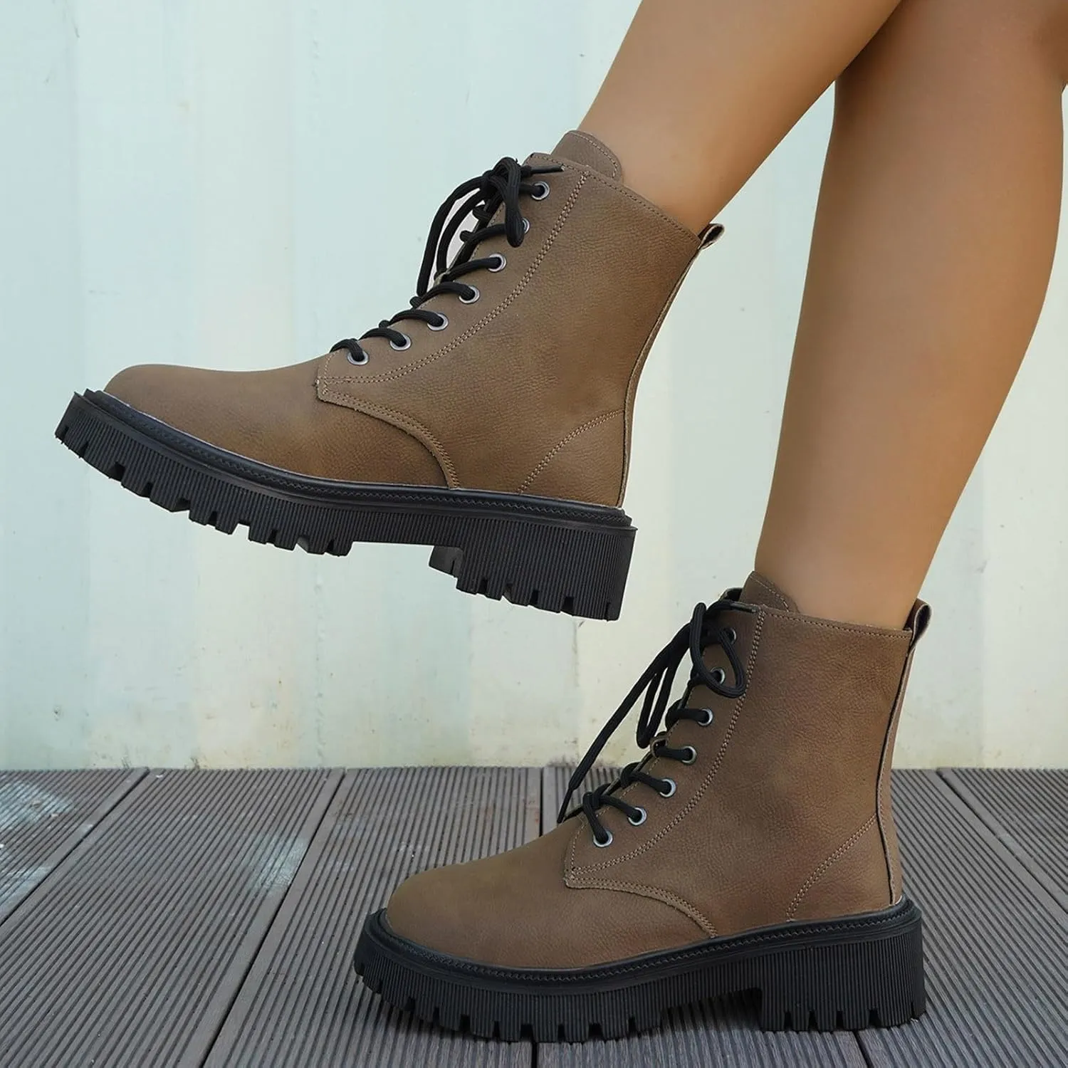 Women's Lace-Up Combat Boot,Women's Fashion Ankle Booties Combat Ankle Boots Round Toe Comfortable Low Heel Dress Booties Lug Sole Platform Booties Slip on Chunky Block Heel Leather Boots