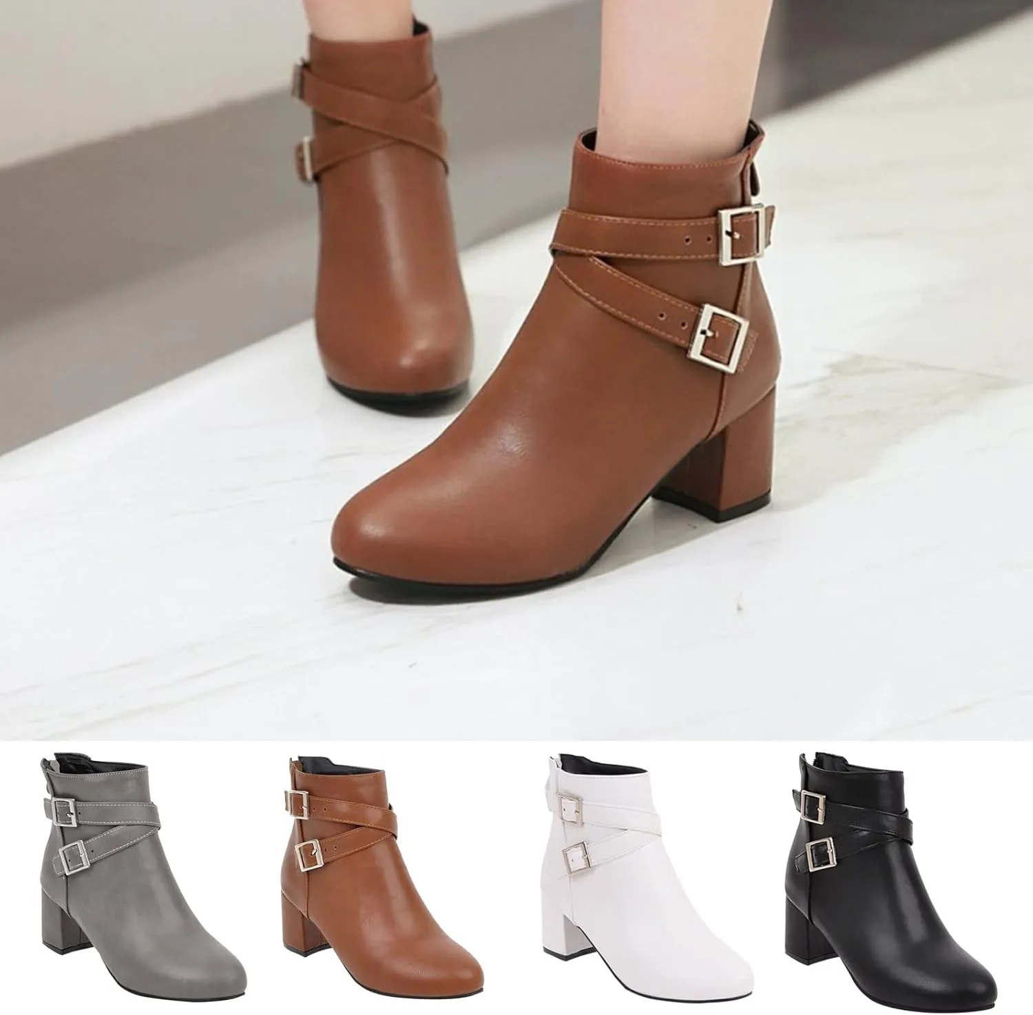 Women's Low Heel Chunky Ankle Boots Winter Shoes Chelsea Boots for Women Slip On Ankle Booties Pointed Toe Low Heeled Short Booties Fall Dress Shoes with Back Zipper Buckle Strap