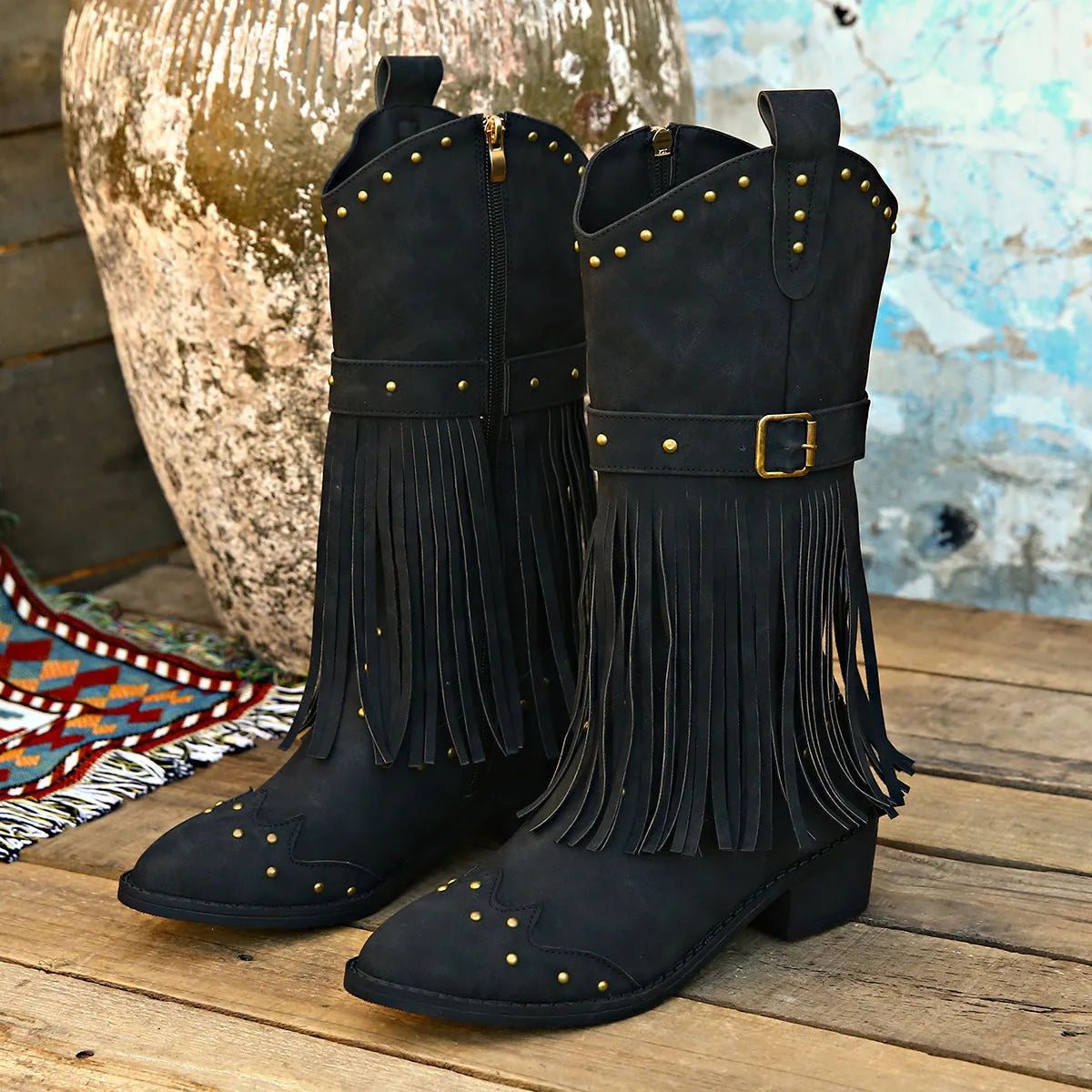 Women’s Mid-Calf Cowboy Boots with Tassels in 2 Colors