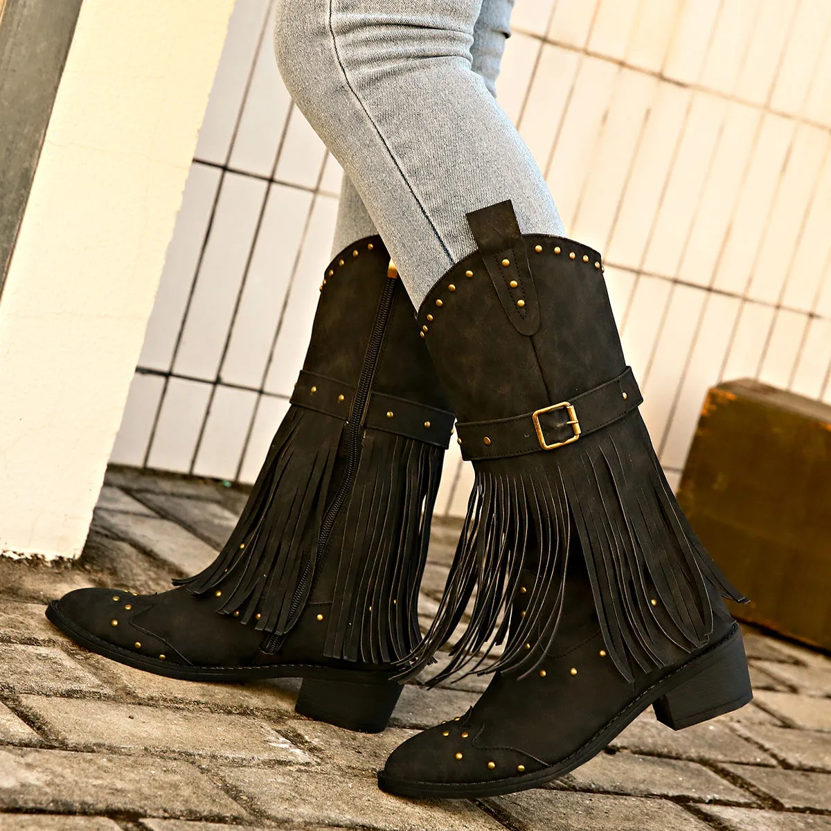 Women’s Mid-Calf Cowboy Boots with Tassels in 2 Colors