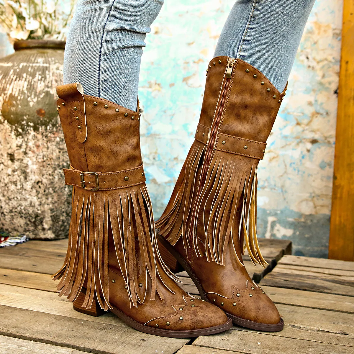 Women’s Mid-Calf Cowboy Boots with Tassels in 2 Colors