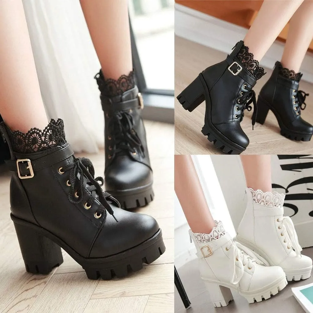 Women's Platform Combat Boots Lace Leather Chunky Pump Ankle Booties Leather Goth Anti Slip High Heels Riding Short Boots