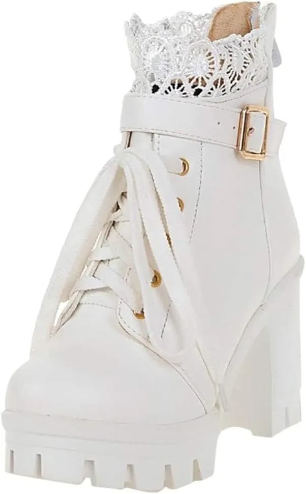 Women's Platform Combat Boots Lace Leather Chunky Pump Ankle Booties Leather Goth Anti Slip High Heels Riding Short Boots