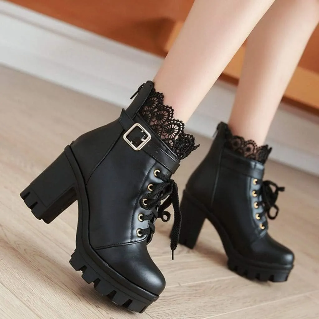 Women's Platform Combat Boots Lace Leather Chunky Pump Ankle Booties Leather Goth Anti Slip High Heels Riding Short Boots
