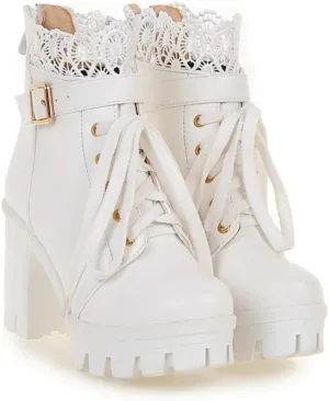 Women's Platform Combat Boots Lace Leather Chunky Pump Ankle Booties Leather Goth Anti Slip High Heels Riding Short Boots