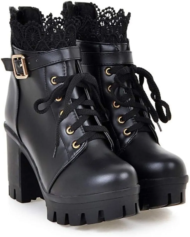 Women's Platform Combat Boots Lace Leather Chunky Pump Ankle Booties Leather Goth Anti Slip High Heels Riding Short Boots