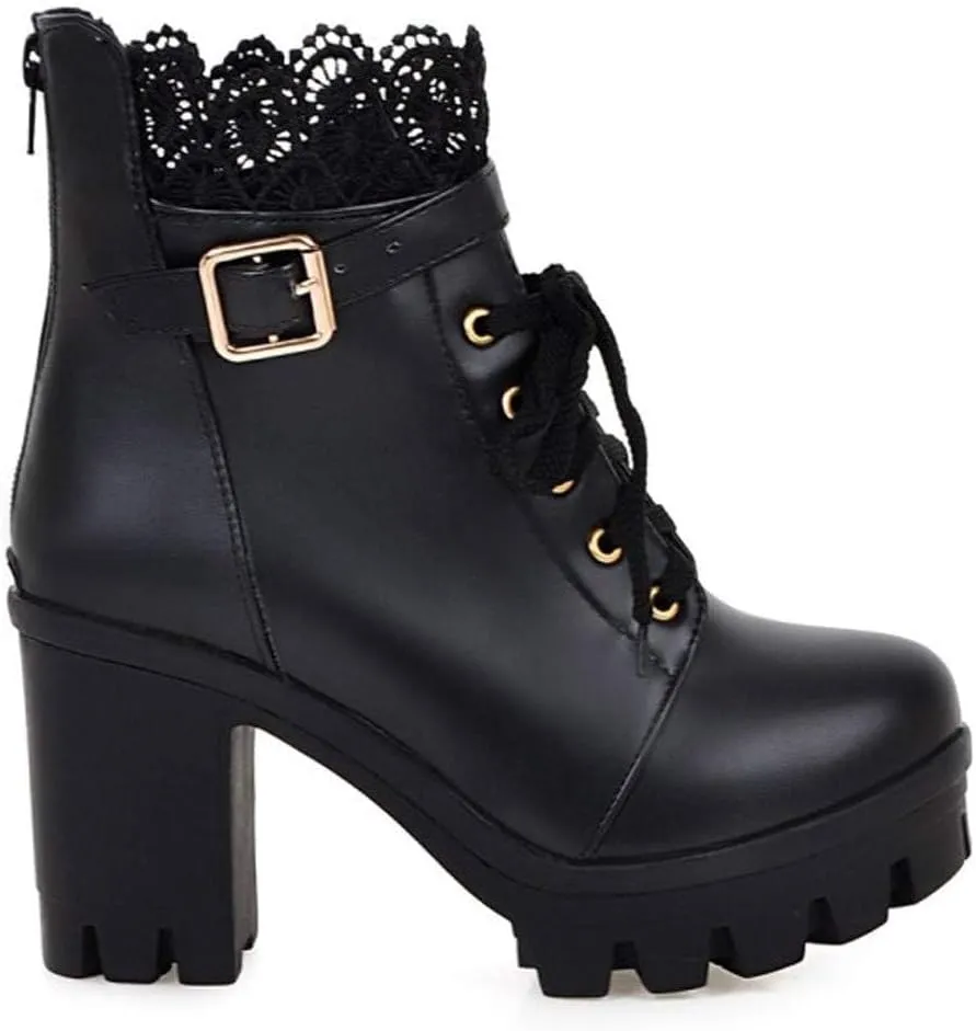 Women's Platform Combat Boots Lace Leather Chunky Pump Ankle Booties Leather Goth Anti Slip High Heels Riding Short Boots