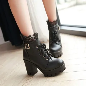 Women's Platform Combat Boots Lace Leather Chunky Pump Ankle Booties Leather Goth Anti Slip High Heels Riding Short Boots