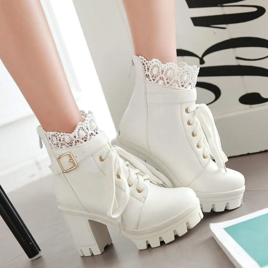 Women's Platform Combat Boots Lace Leather Chunky Pump Ankle Booties Leather Goth Anti Slip High Heels Riding Short Boots