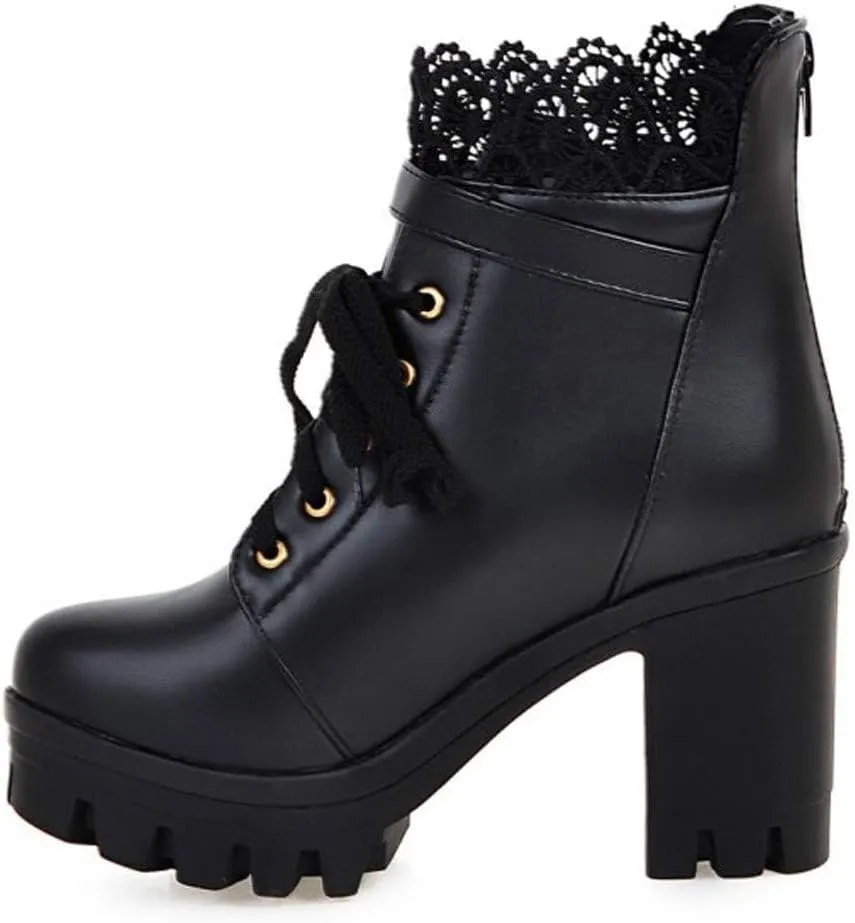 Women's Platform Combat Boots Lace Leather Chunky Pump Ankle Booties Leather Goth Anti Slip High Heels Riding Short Boots