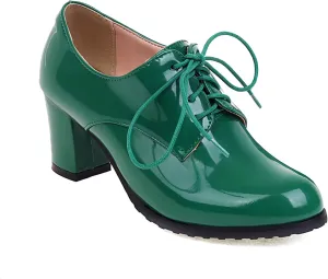 Women's Platform Patent Leather Oxfords for Women Chunky Block High Heels Brogues Closed Round Toe Vintage Lace Up Pumps Work Office Wedding Bridal Dress Shoes