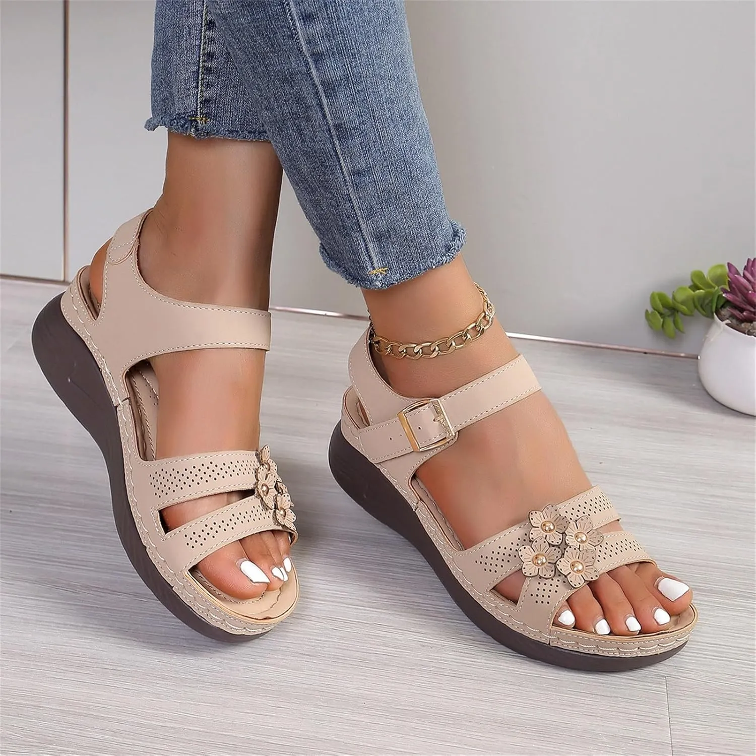 Womens Platform Wedge Sandals With Arch Support Lightweight Foam Slides Adjustable Buckle Summer Beach Casual Comfortable Walking Shoes Orthopedic Shoes for Women