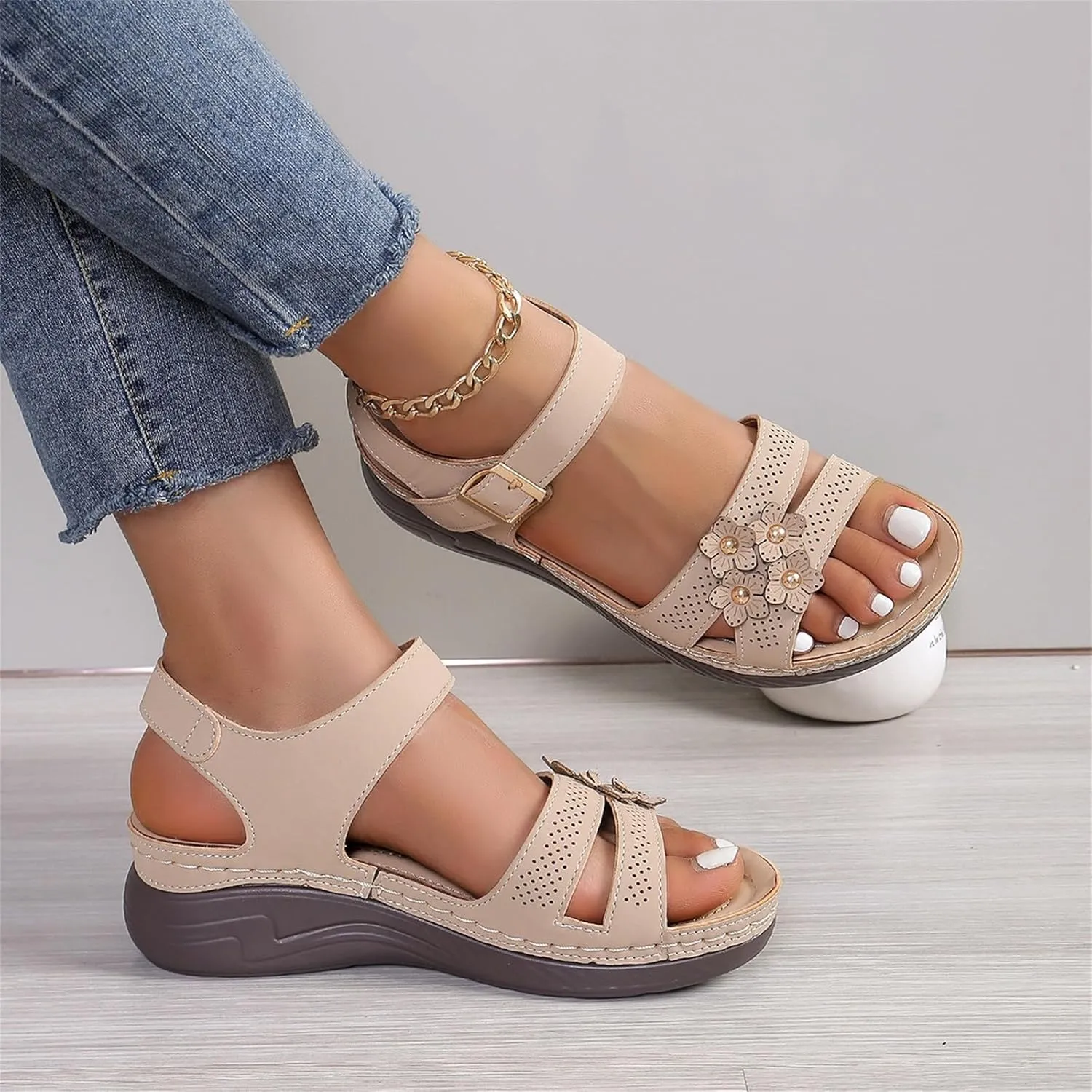 Womens Platform Wedge Sandals With Arch Support Lightweight Foam Slides Adjustable Buckle Summer Beach Casual Comfortable Walking Shoes Orthopedic Shoes for Women