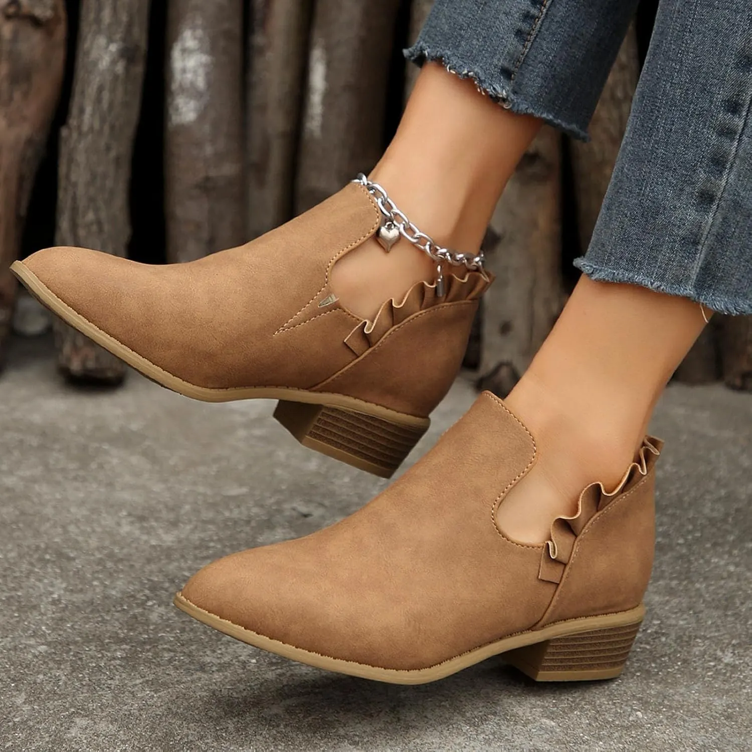 Womens Ruffled Ankle Boots V Cut Out Pointed Toe Chunky Low Heel Dressy Western Booties, Ladies Daily Footwear