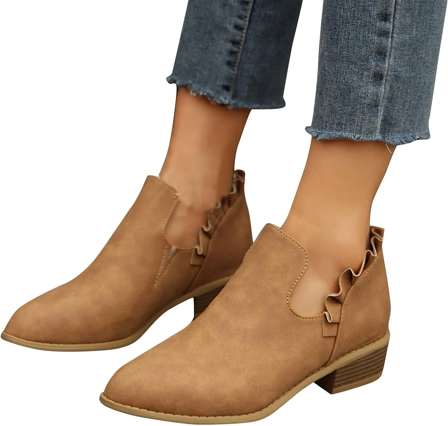Womens Ruffled Ankle Boots V Cut Out Pointed Toe Chunky Low Heel Dressy Western Booties, Ladies Daily Footwear