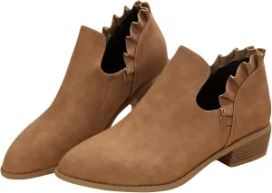 Womens Ruffled Ankle Boots V Cut Out Pointed Toe Chunky Low Heel Dressy Western Booties, Ladies Daily Footwear